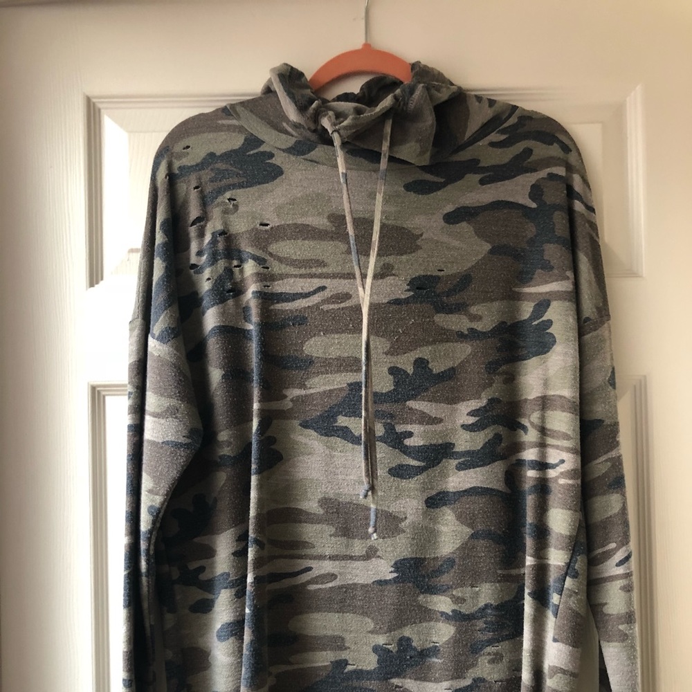Distressed camo turtle neck sweater